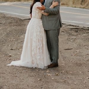 illusion sleeve plunging plus size wedding dress